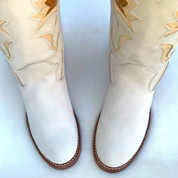 FRYE Vintage Sabrina Campus White Leather Floral Cowgirl Cowboy Western Boots