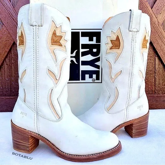 FRYE Vintage Sabrina Campus White Leather Floral Cowgirl Cowboy Western Boots