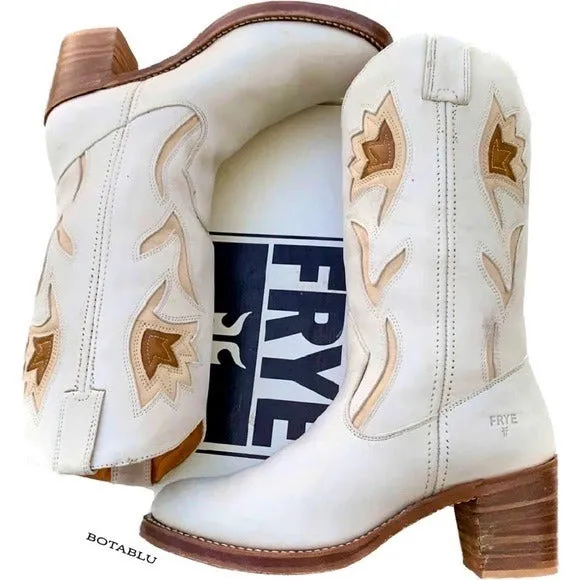 FRYE Vintage Sabrina Campus White Leather Floral Cowgirl Cowboy Western Boots