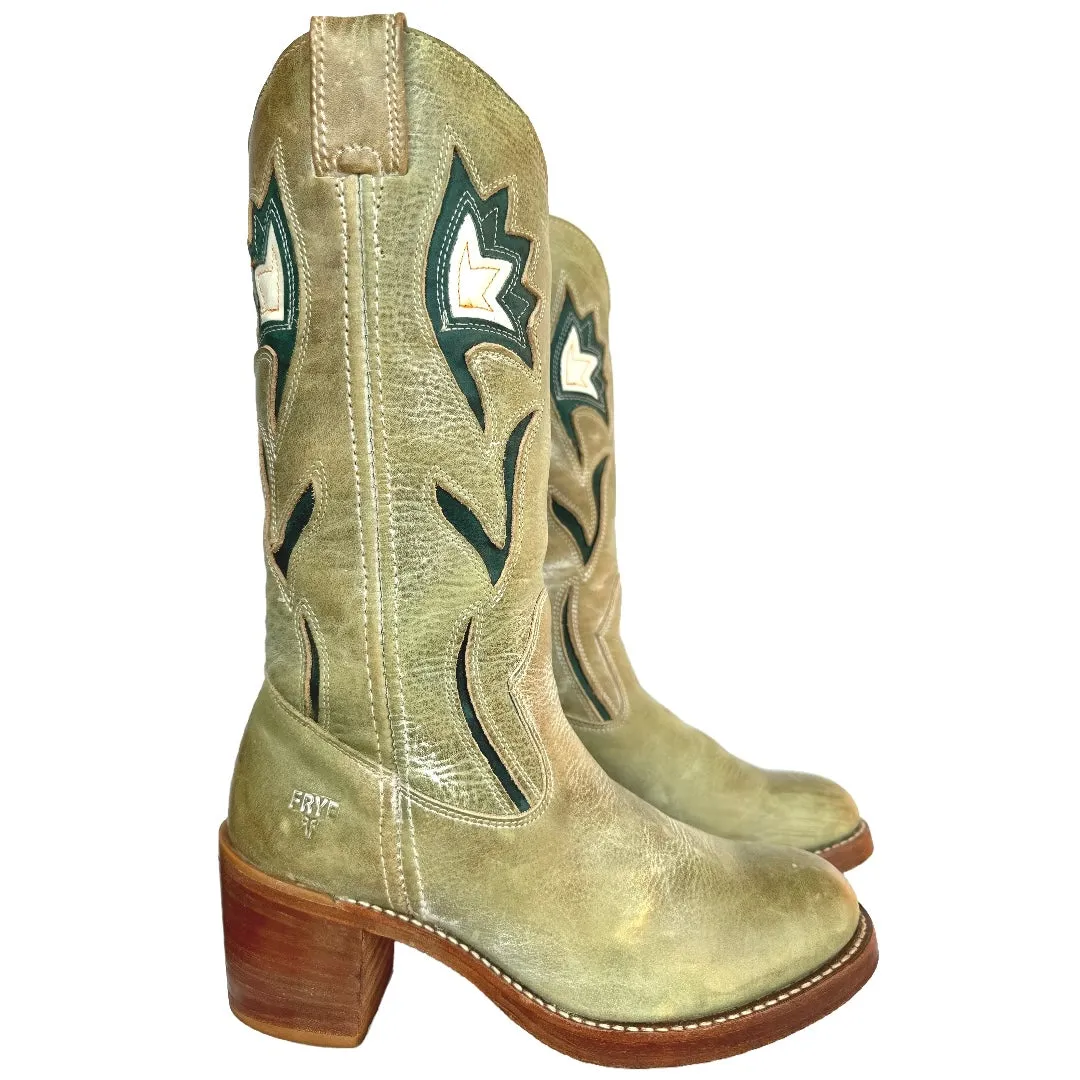 FRYE Vintage Sabrina Floral Campus Green Cowgirl Cowboy Boots