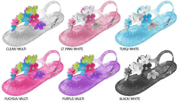 girls glitter jelly sandals with flower & rhinestone embellishments Case of 72