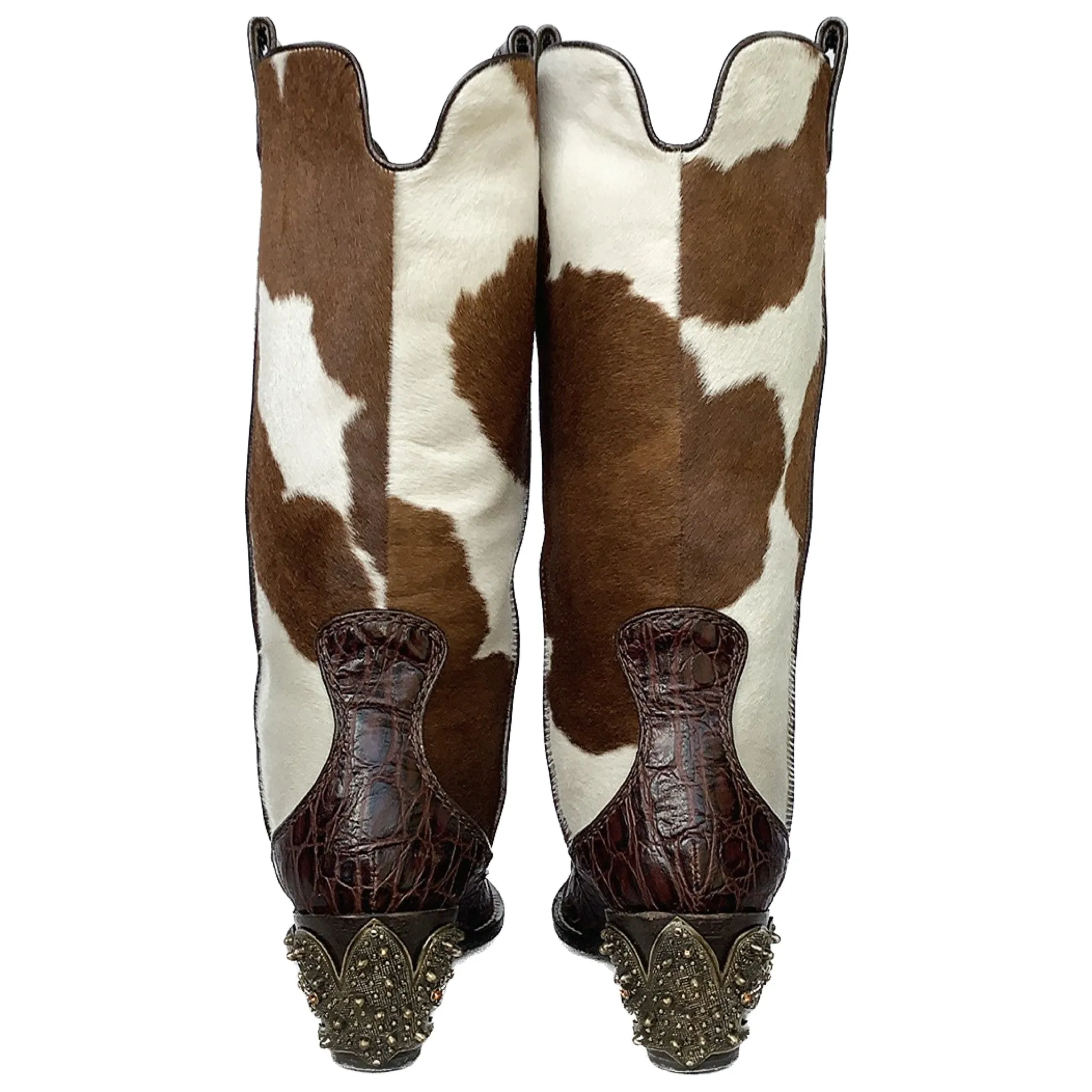 GIUSEPPE ZANOTTI Cowhide Pony Hair On Exotic Brown White Cowgirl Cowboy Western Boots