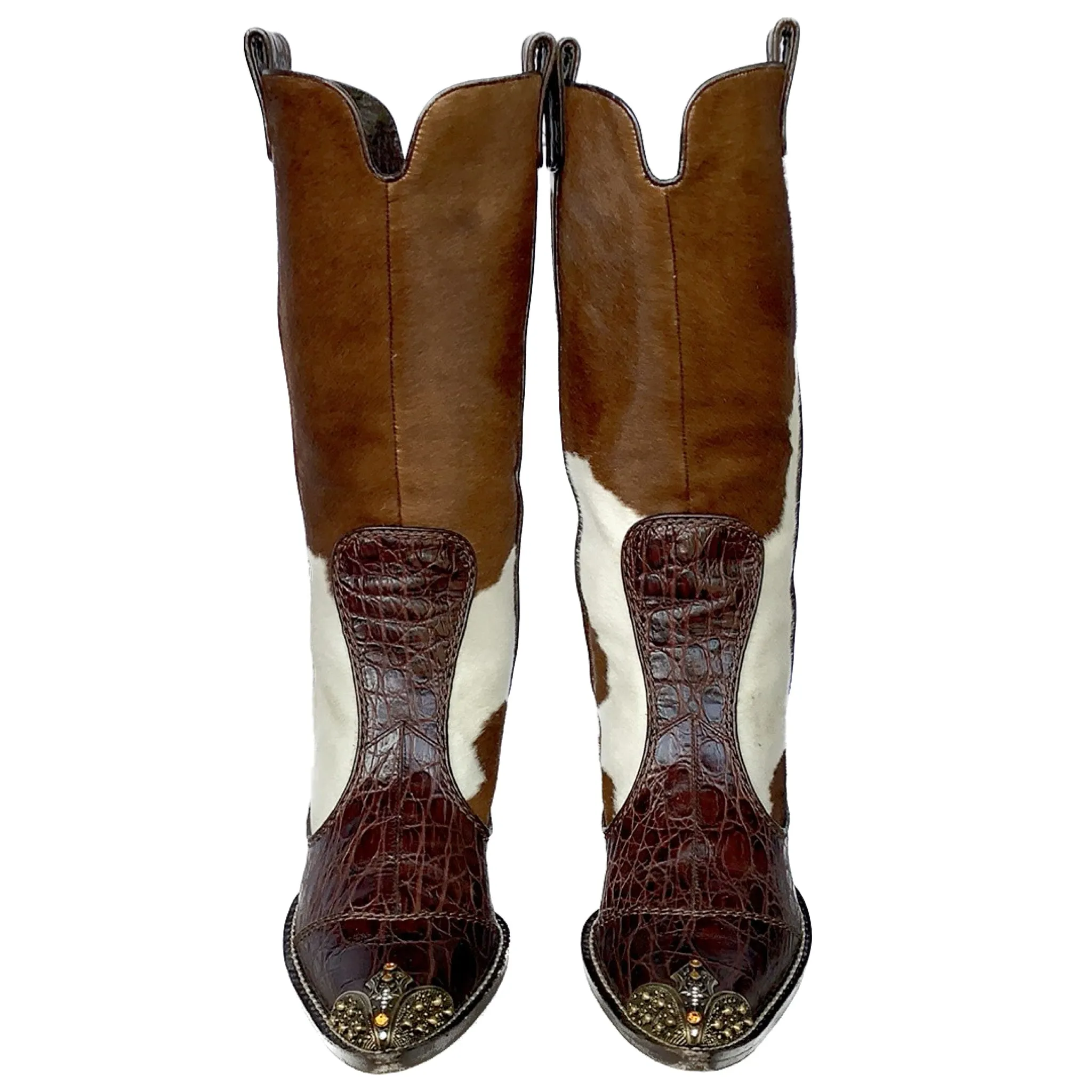 GIUSEPPE ZANOTTI Cowhide Pony Hair On Exotic Brown White Cowgirl Cowboy Western Boots