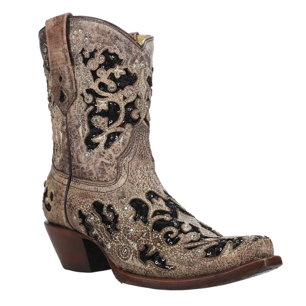 Glitter Tooled-Inlay & Crystals Sequins Snip Toe Cowboy Booties