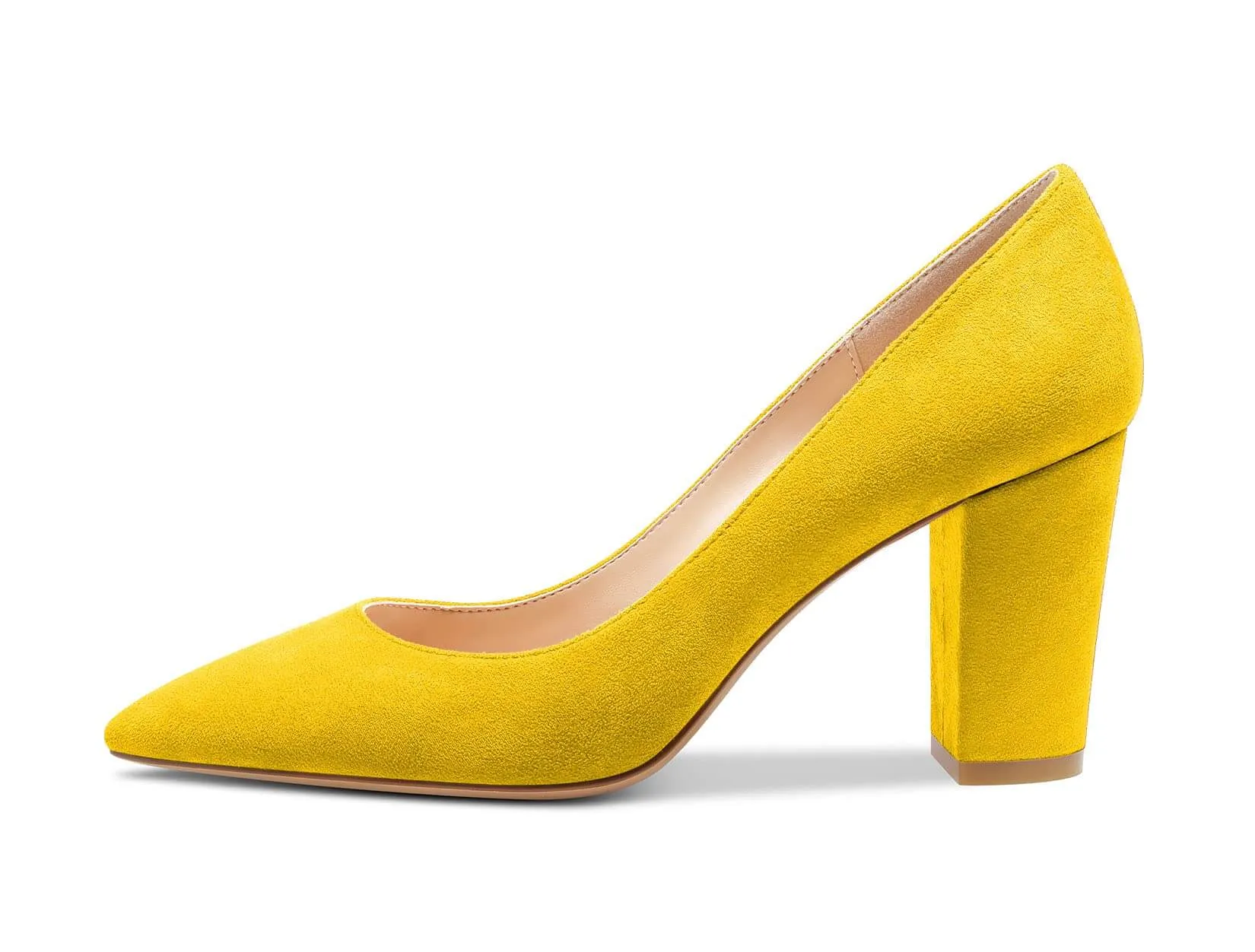 Golden Glow: Yellow Suede Block Heel Pointed Toe Slip-on Pumps