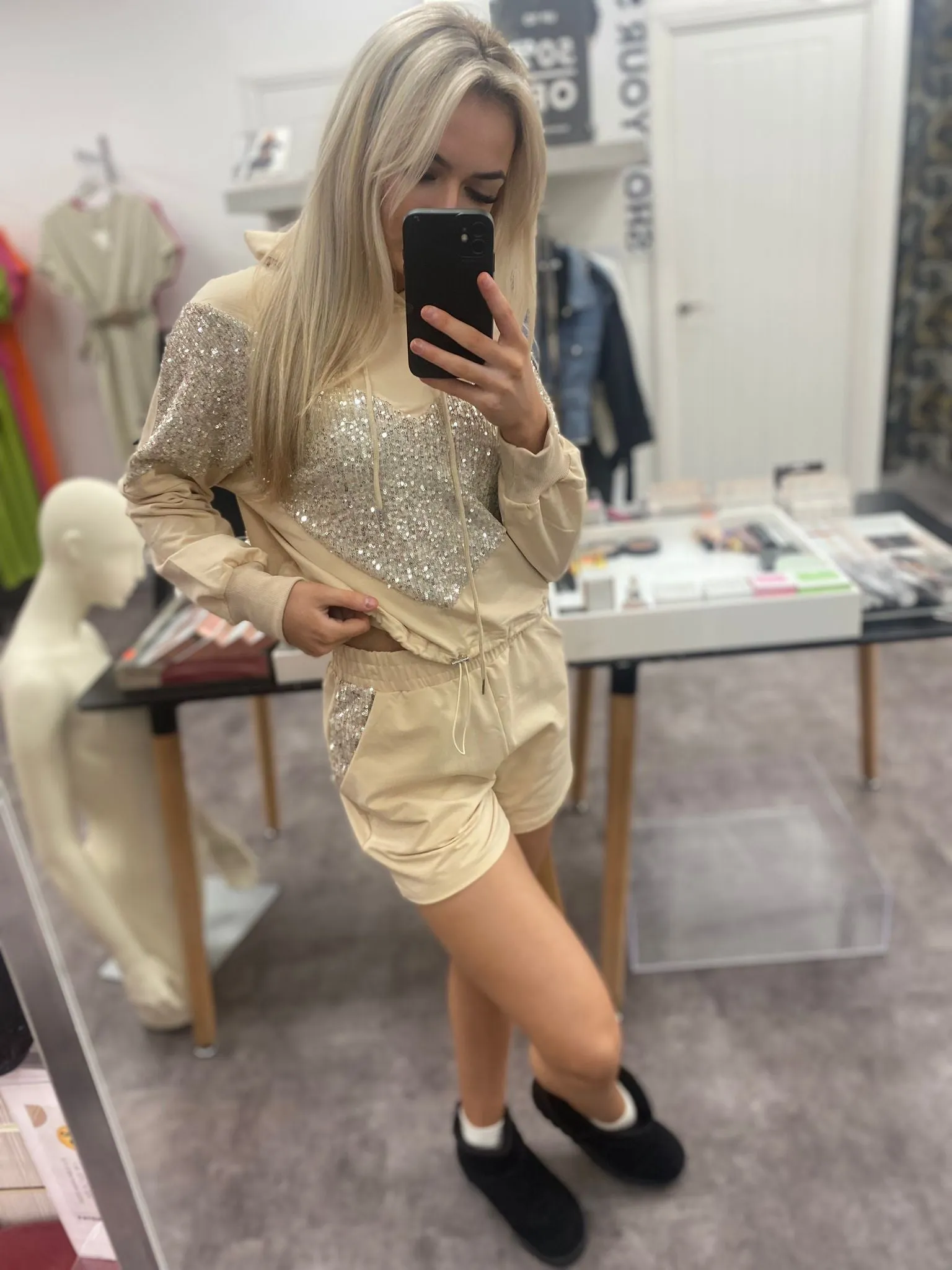 HALLIE BEIGE SEQUIN PATTERNED HODDIE TOP & SHORT CO-ORD