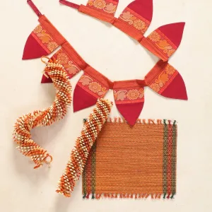 Handmade Cotton Fabric Toran, Festive Decor Hanging in Off-White & Orange (2 pcs) With Rust Aasan Combo Set | Festive Decor Item | Handmade in India