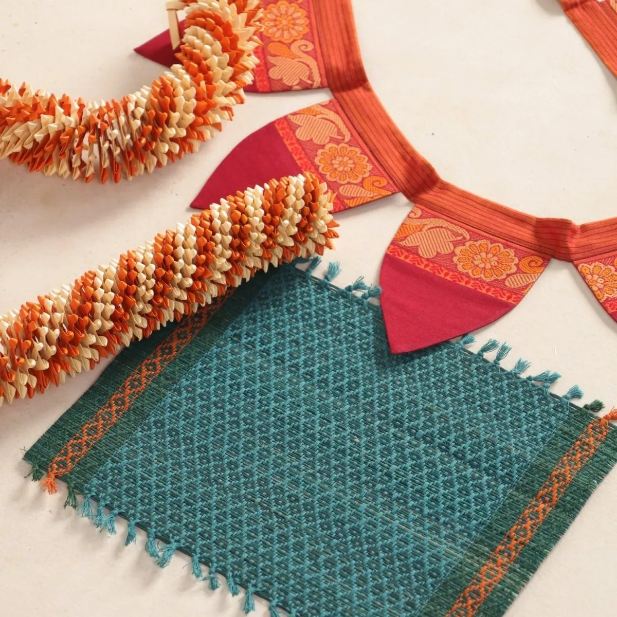 Handmade Cotton Fabric Toran, Festive Decor Hanging In Off-White & Orange (2 pcs) With Teal Aasan Combo Set | Festive Decor Item | Handmade in India