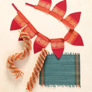 Handmade Cotton Fabric Toran, Festive Decor Hanging In Off-White & Orange (2 pcs) With Teal Aasan Combo Set | Festive Decor Item | Handmade in India