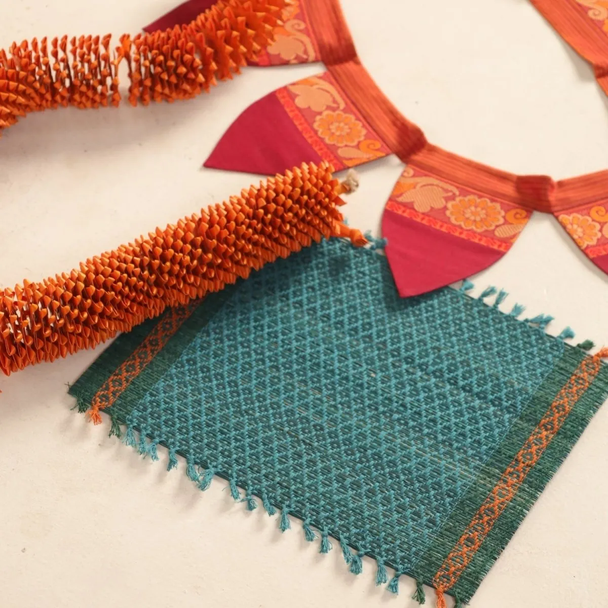 Handmade Cotton Fabric Toran, Festive Decor Hanging In Orange (2 pcs) & Teal Aasan Combo Set | Festive Decor Item | Handmade in India