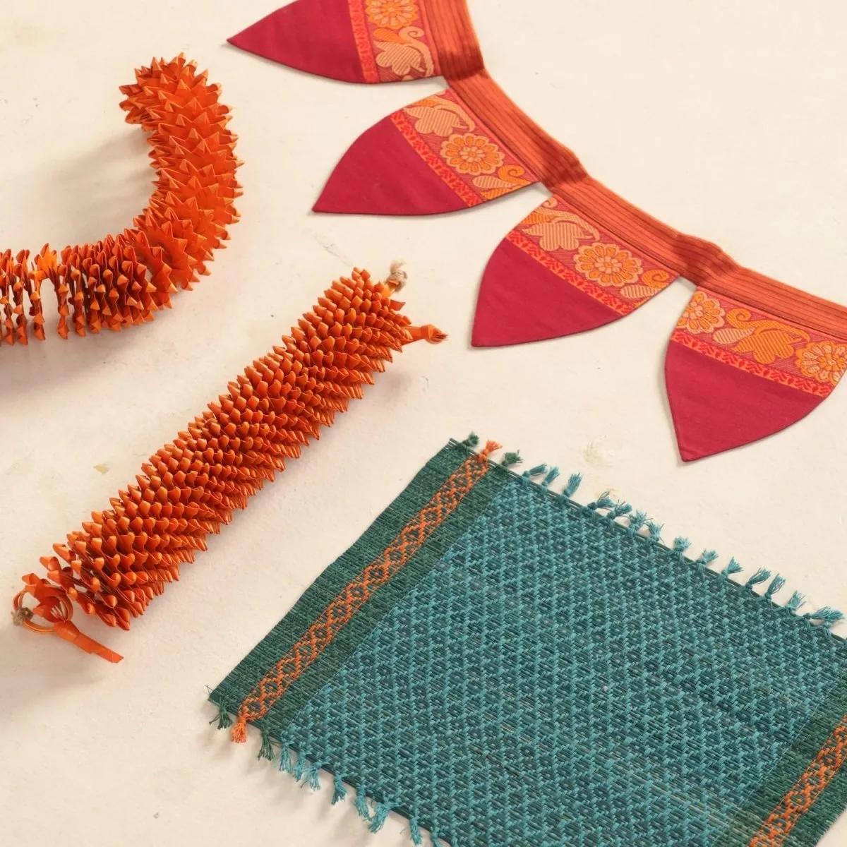 Handmade Cotton Fabric Toran, Festive Decor Hanging In Orange (2 pcs) & Teal Aasan Combo Set | Festive Decor Item | Handmade in India