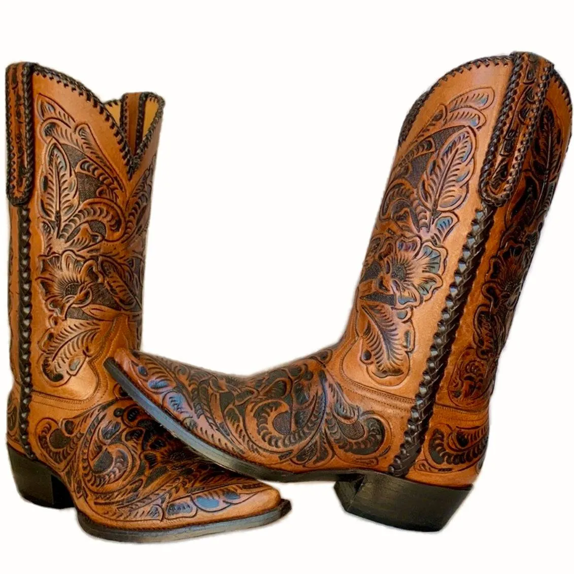 Handmade Hand Tooled Brown Leather Cowboy Western Boots