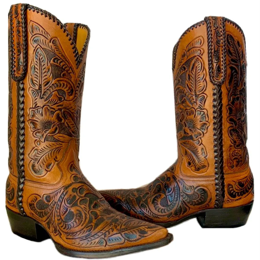 Handmade Hand Tooled Brown Leather Cowboy Western Boots