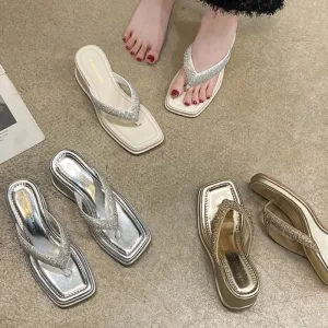 Hnzxzm 2024 Summer Platform Rhinestone Women Slippers Fashion Elegant Clip Toe Slides Shoes Ladies Beach Sandals