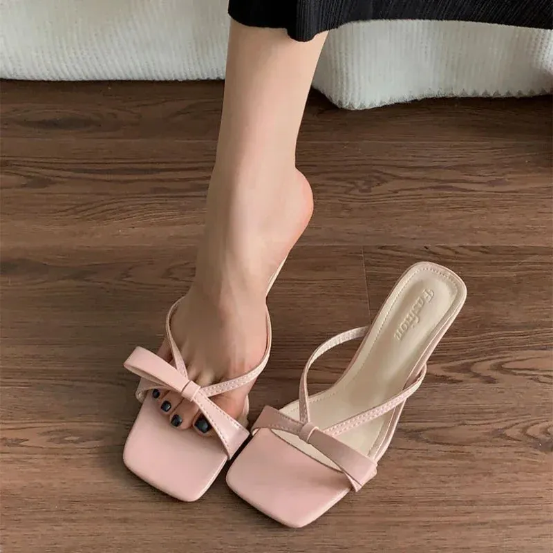 Hnzxzm 2024 Summer Women Bow Luxury Slippers Sexy Narrow Band Open Toe Slides Shoes Ladies Party Dress Heel Designer Sandals