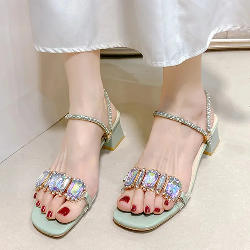 Hnzxzm Fashion Rhinestone Sandals for Women Summer Square Heels Open Toe Slippers Woman Transparent PVC Jelly Sandals