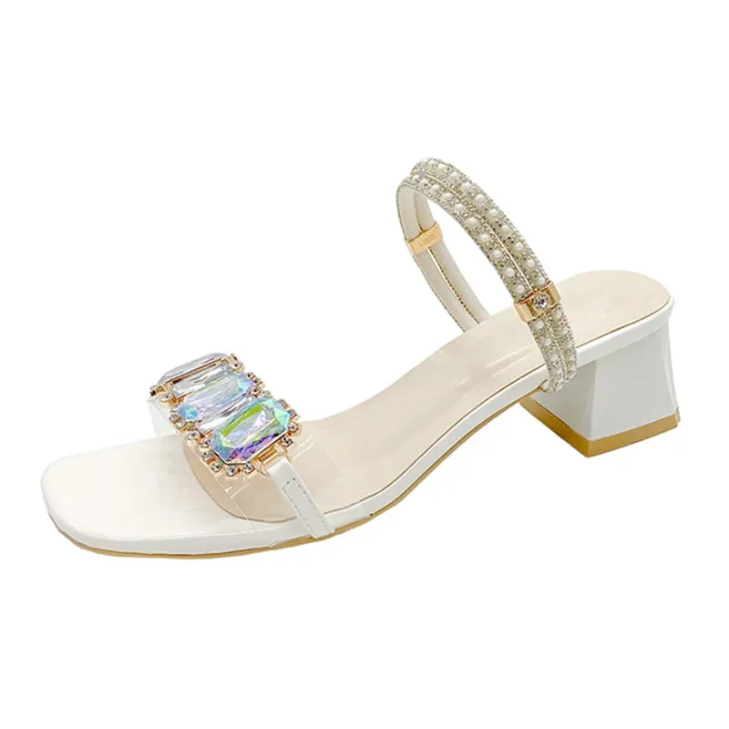 Hnzxzm Fashion Rhinestone Sandals for Women Summer Square Heels Open Toe Slippers Woman Transparent PVC Jelly Sandals