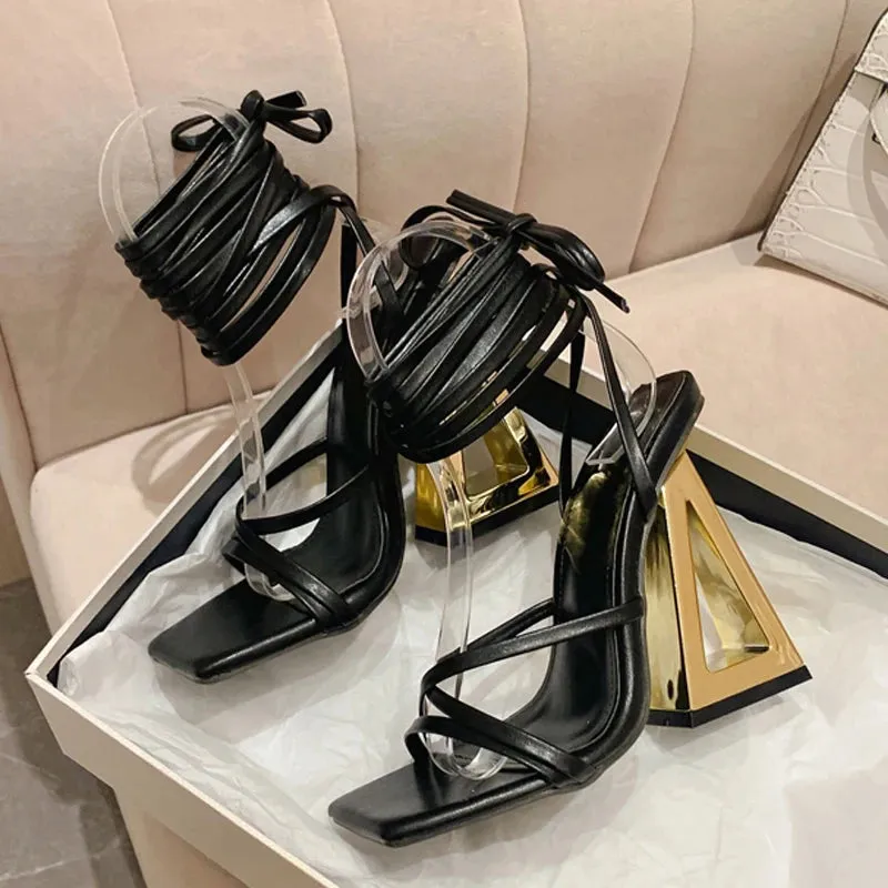 Hnzxzm New Style Chic Triangle Thick Heels Gladiator Sandals Women Summer Sexy Street Square Toe Cross-Tied Dress Party Gold Shoe