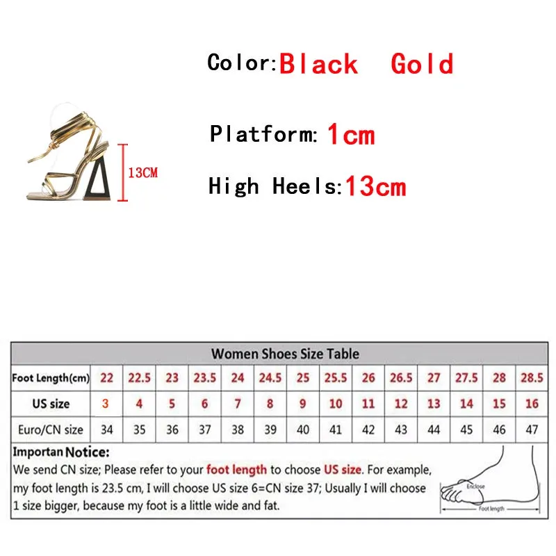 Hnzxzm New Style Chic Triangle Thick Heels Gladiator Sandals Women Summer Sexy Street Square Toe Cross-Tied Dress Party Gold Shoe