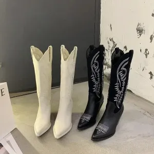 Hnzxzm White Cowboy Boots Retro Thin Pointed High Barrel Knight Boots Thick Heel Women's Knee Length Cowboy Boot for Women