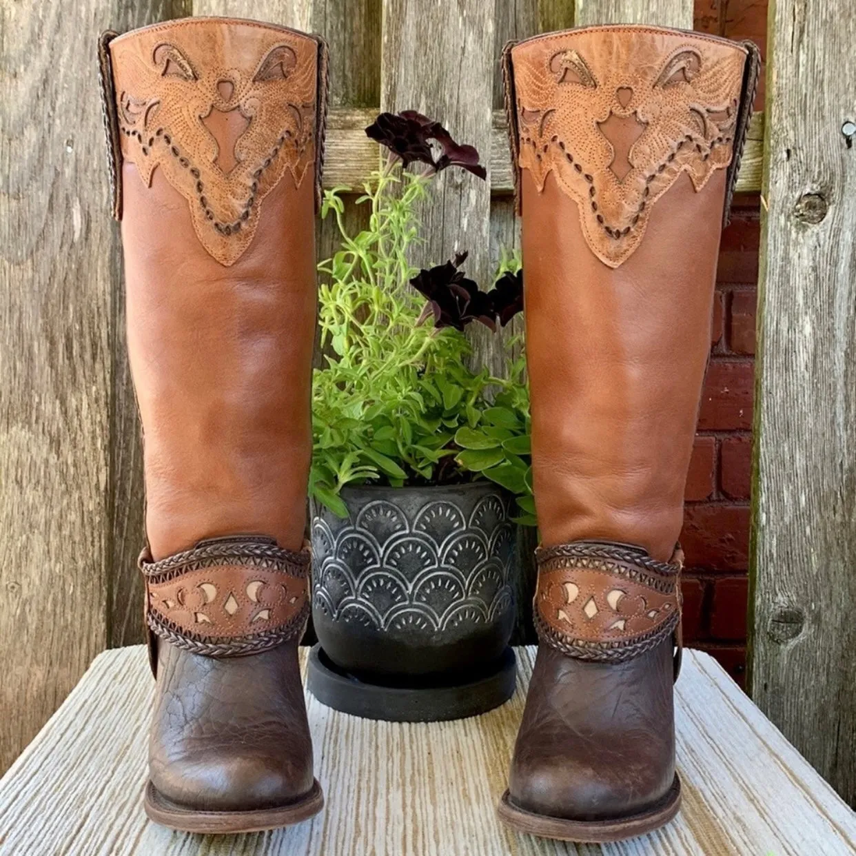 INDOMABLES Harness Tooled Braided Brown Leather Tall Cowgirl Western Boots