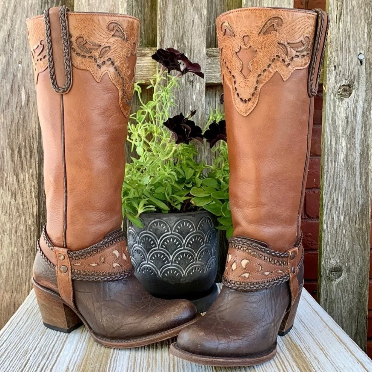 INDOMABLES Harness Tooled Braided Brown Leather Tall Cowgirl Western Boots