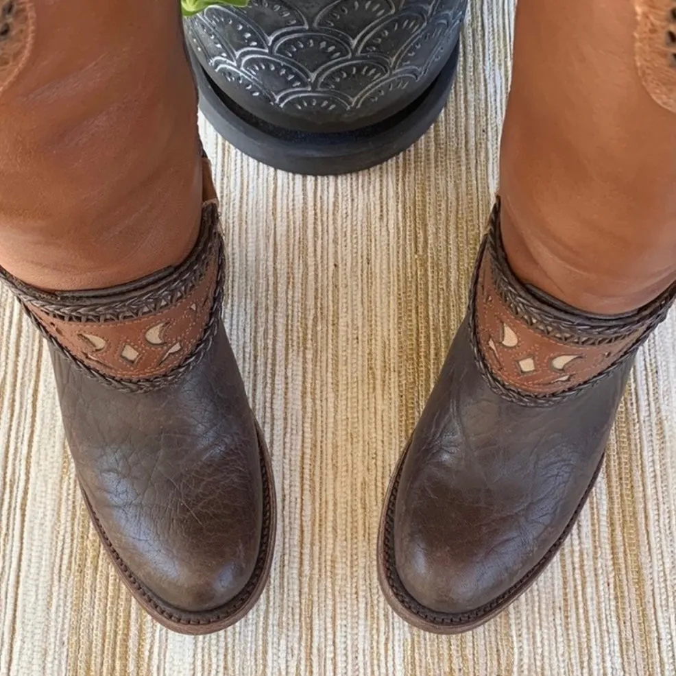 INDOMABLES Harness Tooled Braided Brown Leather Tall Cowgirl Western Boots