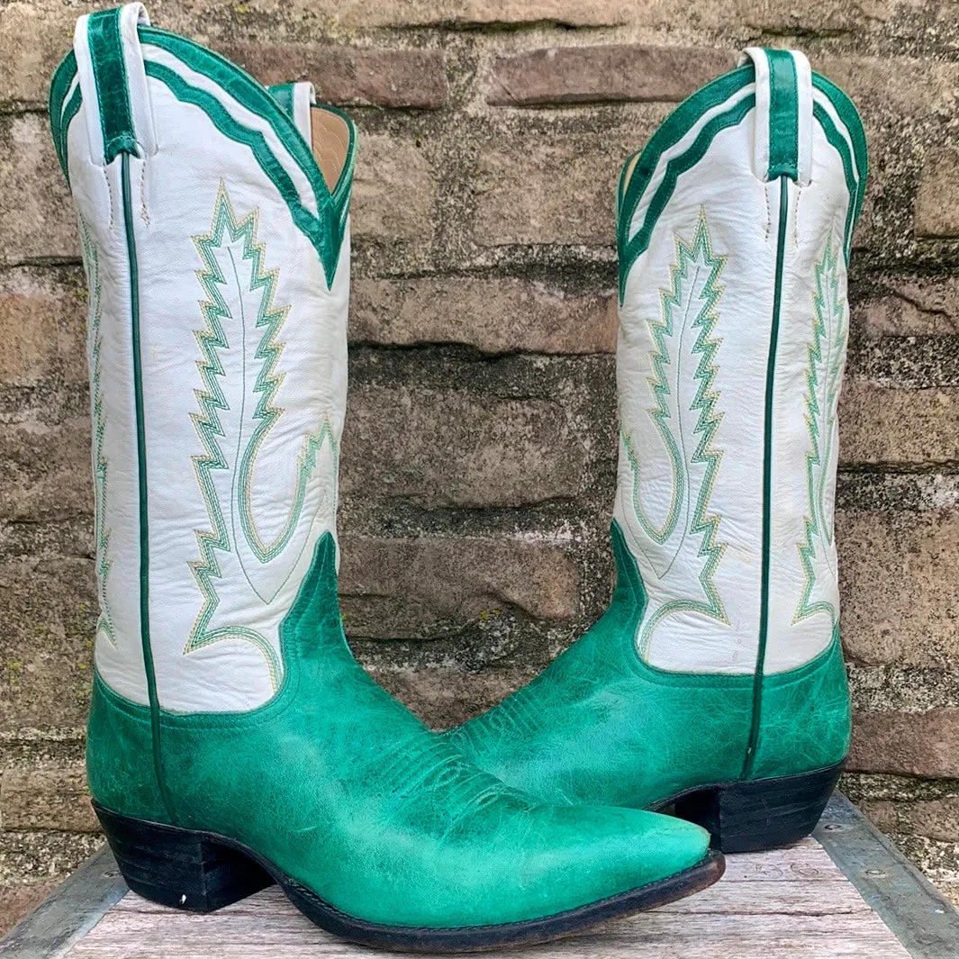 LARRY MAHAN Vintage Green White Leather Mid-Calf Cowgirl Cowboy Western Boots