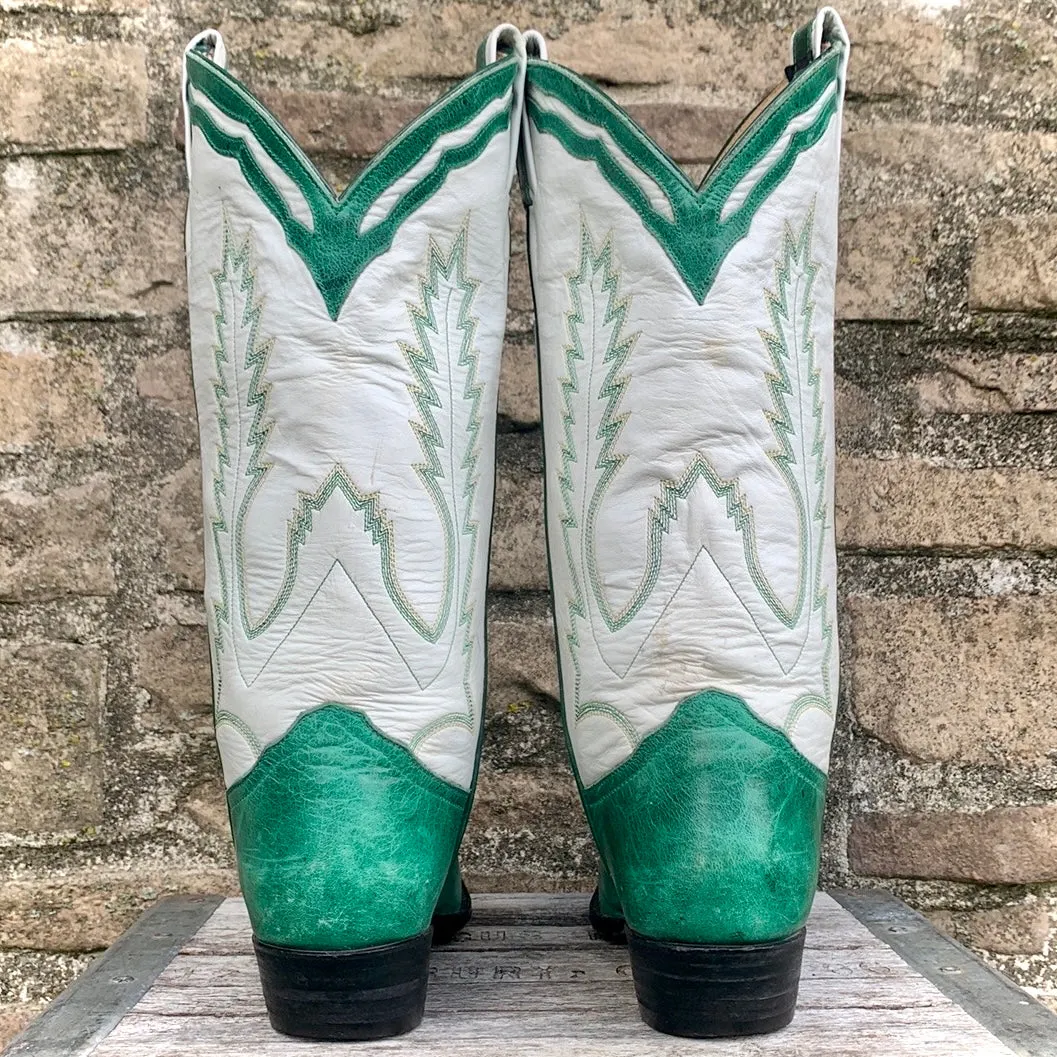 LARRY MAHAN Vintage Green White Leather Mid-Calf Cowgirl Cowboy Western Boots