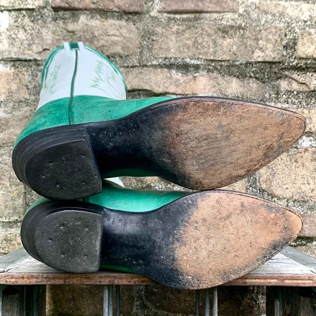 LARRY MAHAN Vintage Green White Leather Mid-Calf Cowgirl Cowboy Western Boots