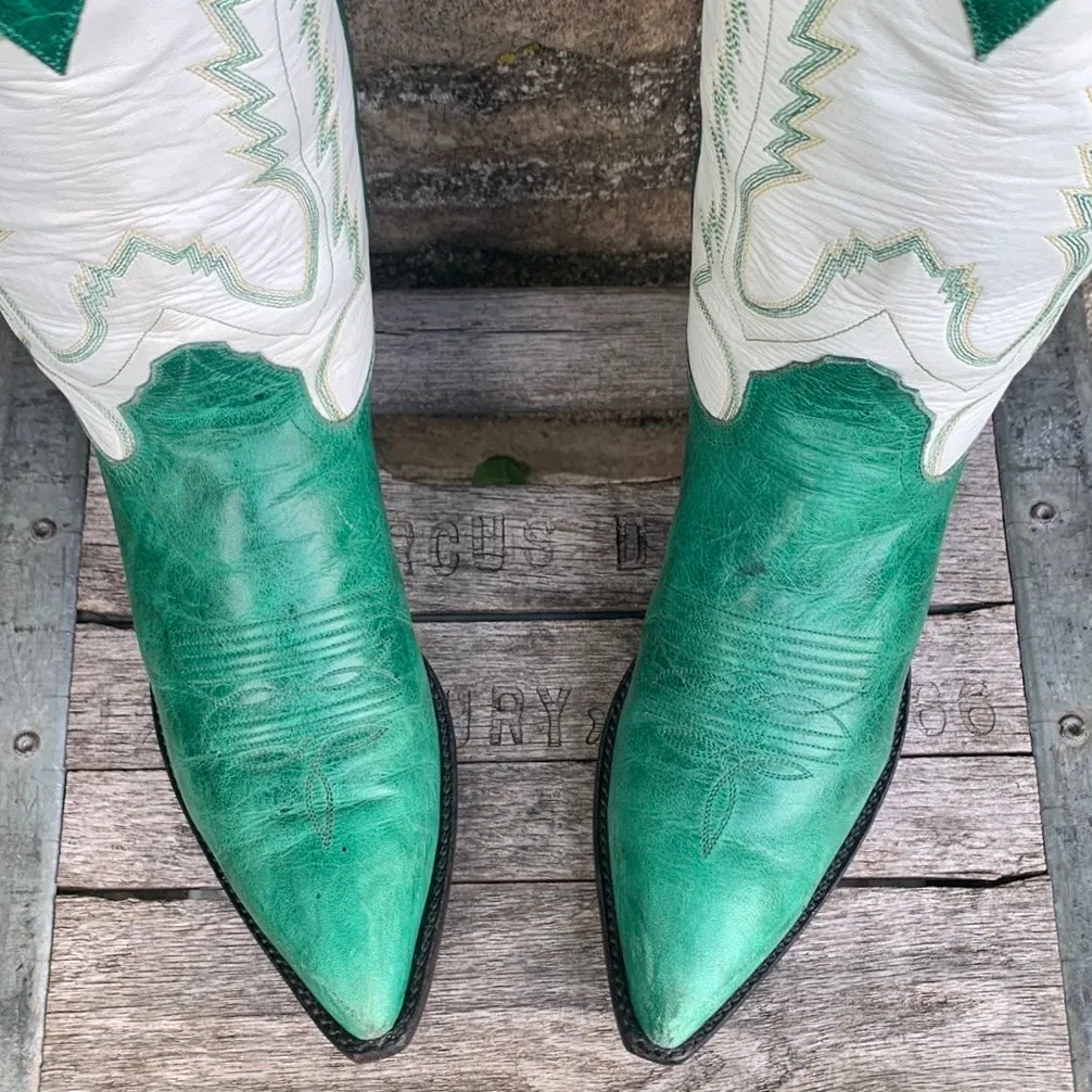 LARRY MAHAN Vintage Green White Leather Mid-Calf Cowgirl Cowboy Western Boots