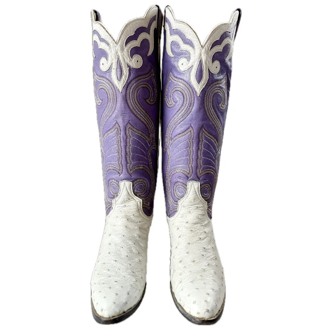 LARRY MAHAN Vintage Ostrich Purple White Knee High Cowboy Boots