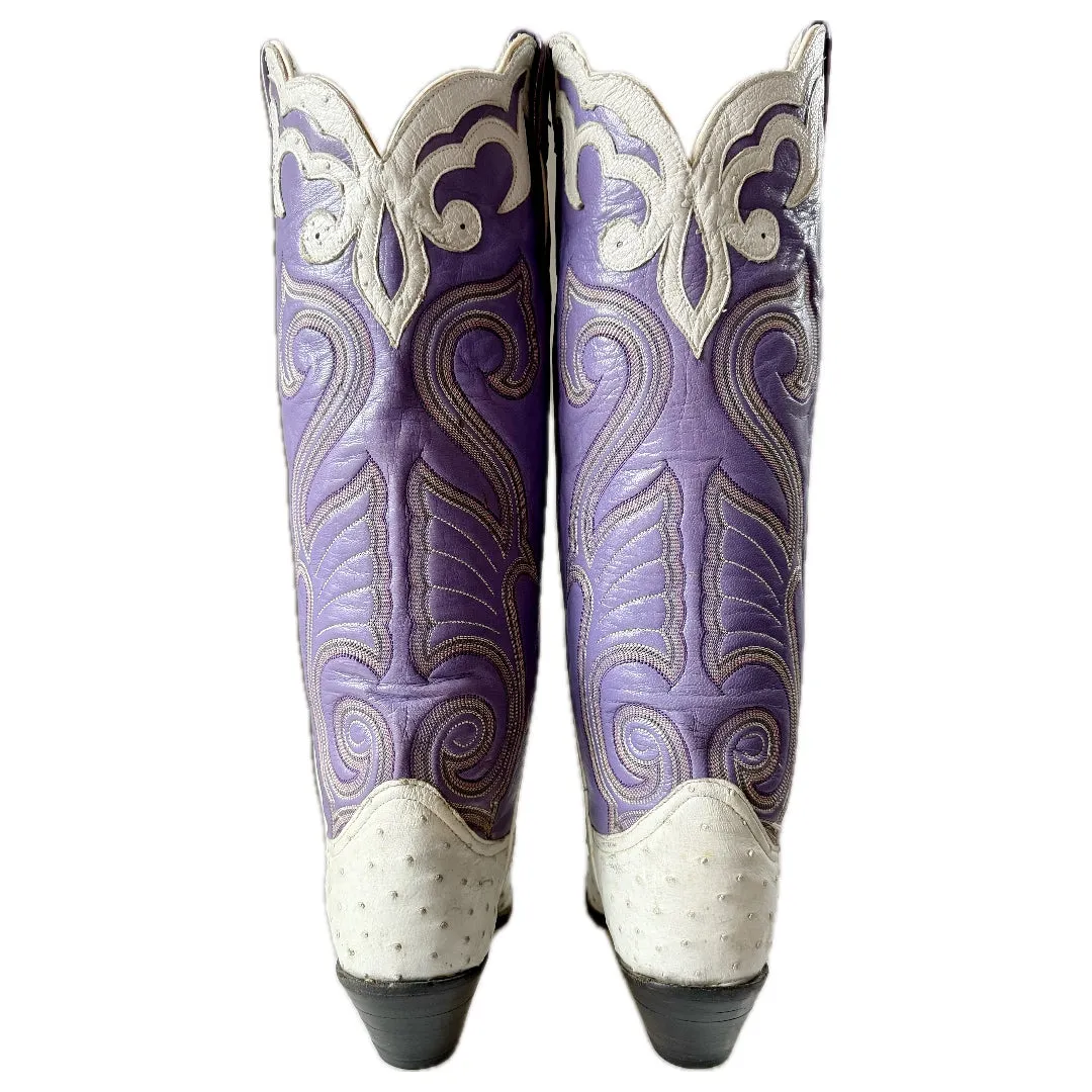 LARRY MAHAN Vintage Ostrich Purple White Knee High Cowboy Boots