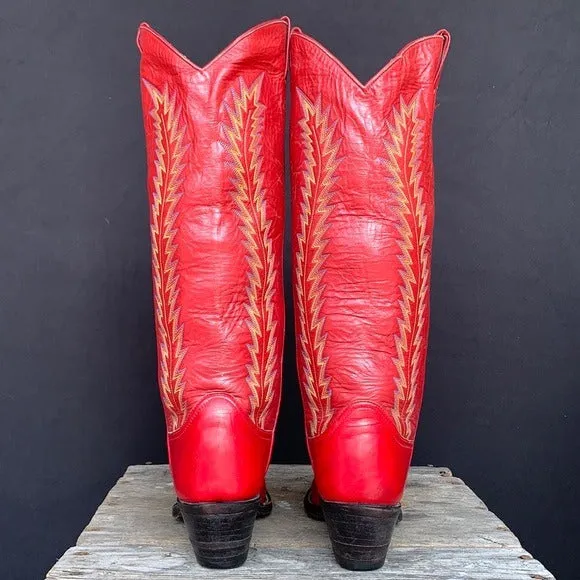 LARRY MAHAN Vintage Red Leather Tall Knee High Cowgirl Cowboy Western Boots