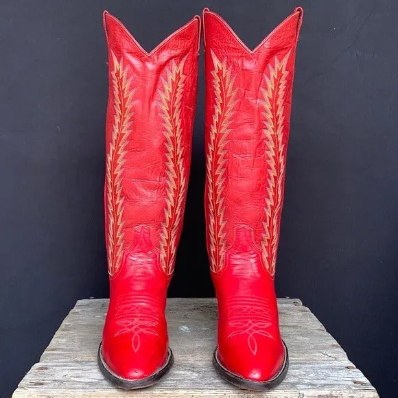 LARRY MAHAN Vintage Red Leather Tall Knee High Cowgirl Cowboy Western Boots