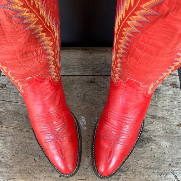 LARRY MAHAN Vintage Red Leather Tall Knee High Cowgirl Cowboy Western Boots