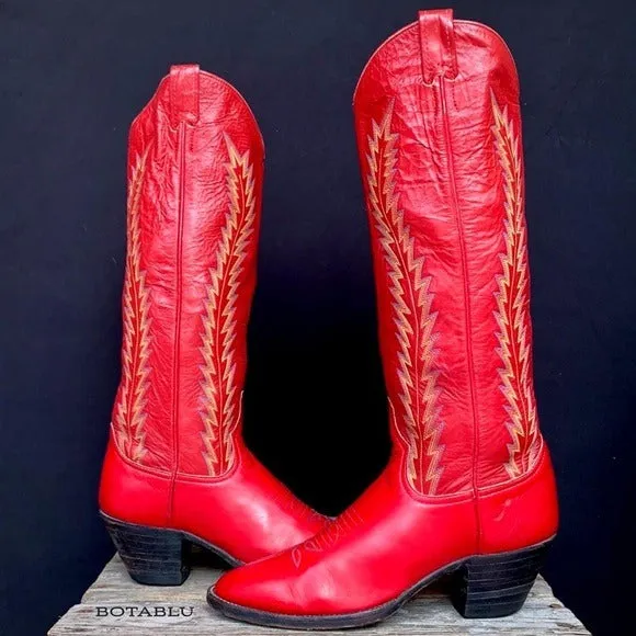 LARRY MAHAN Vintage Red Leather Tall Knee High Cowgirl Cowboy Western Boots