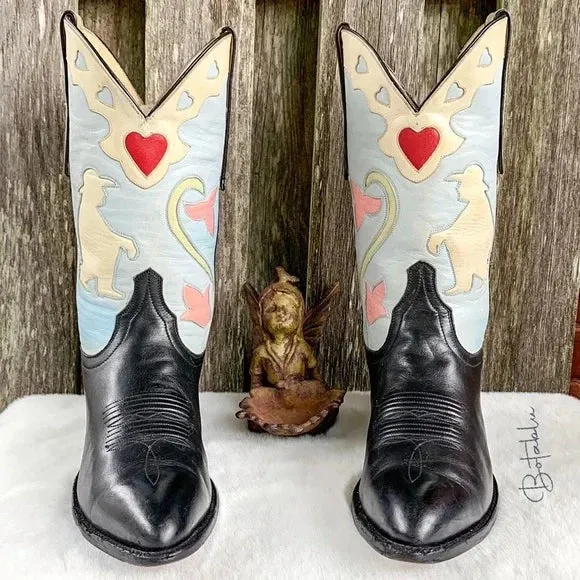 LARRY MAHAN Vintage Thinking Cowboy Heart Floral Cowgirl Western Boots