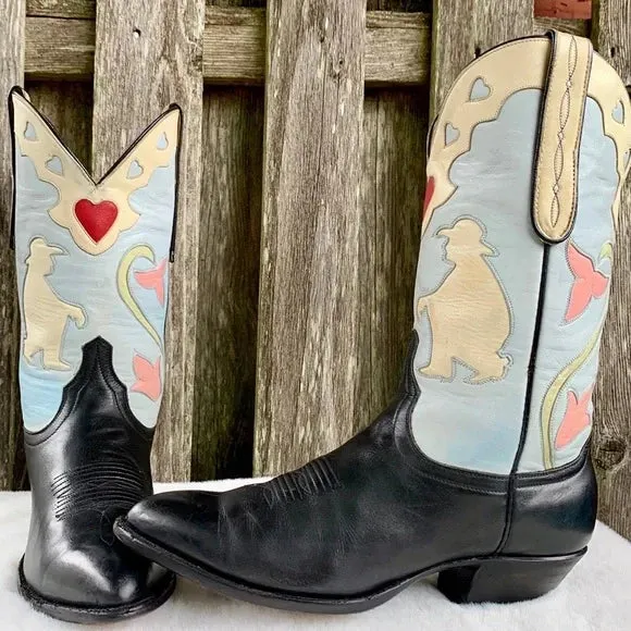 LARRY MAHAN Vintage Thinking Cowboy Heart Floral Cowgirl Western Boots