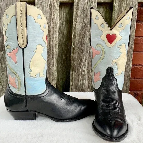 LARRY MAHAN Vintage Thinking Cowboy Heart Floral Cowgirl Western Boots