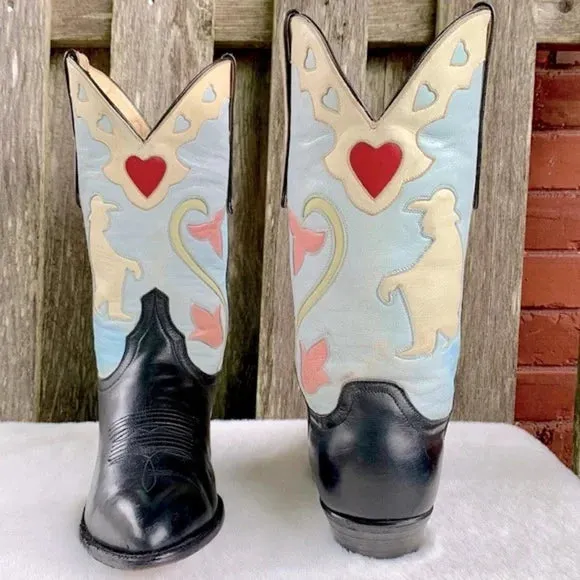 LARRY MAHAN Vintage Thinking Cowboy Heart Floral Cowgirl Western Boots