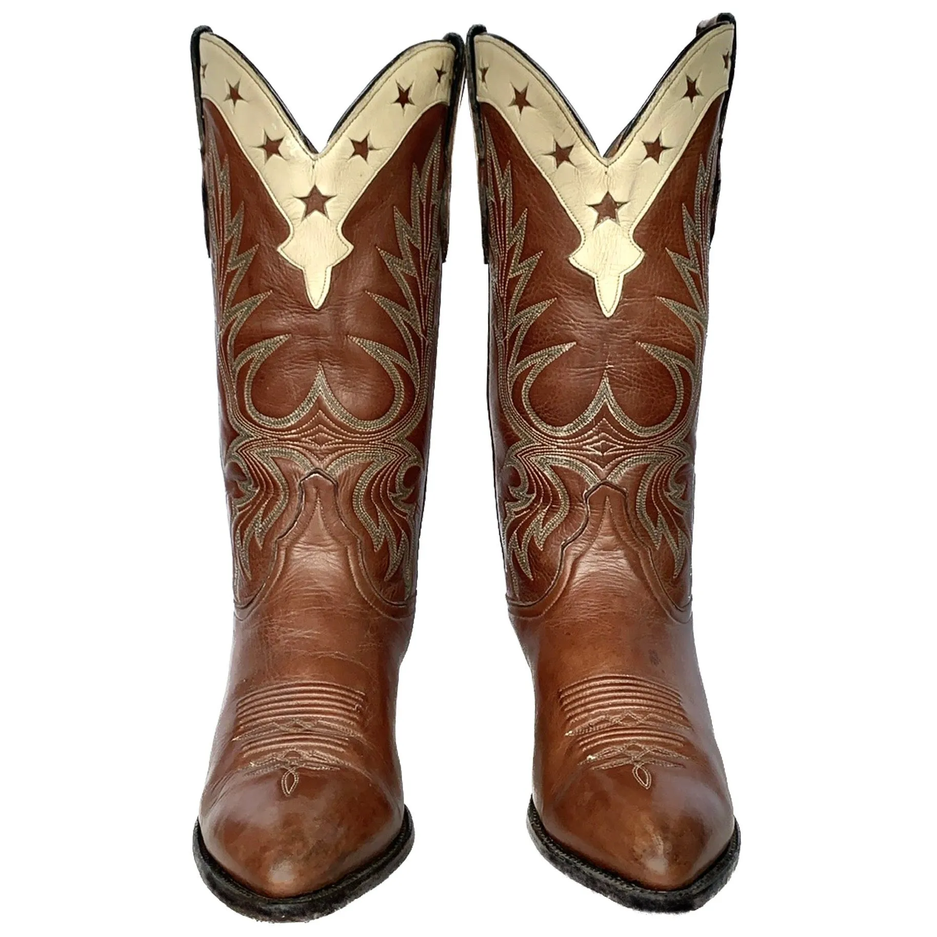 LARRY MAHAN Vintage USA Star Tall Brown Leather Cowgirl Western Boots