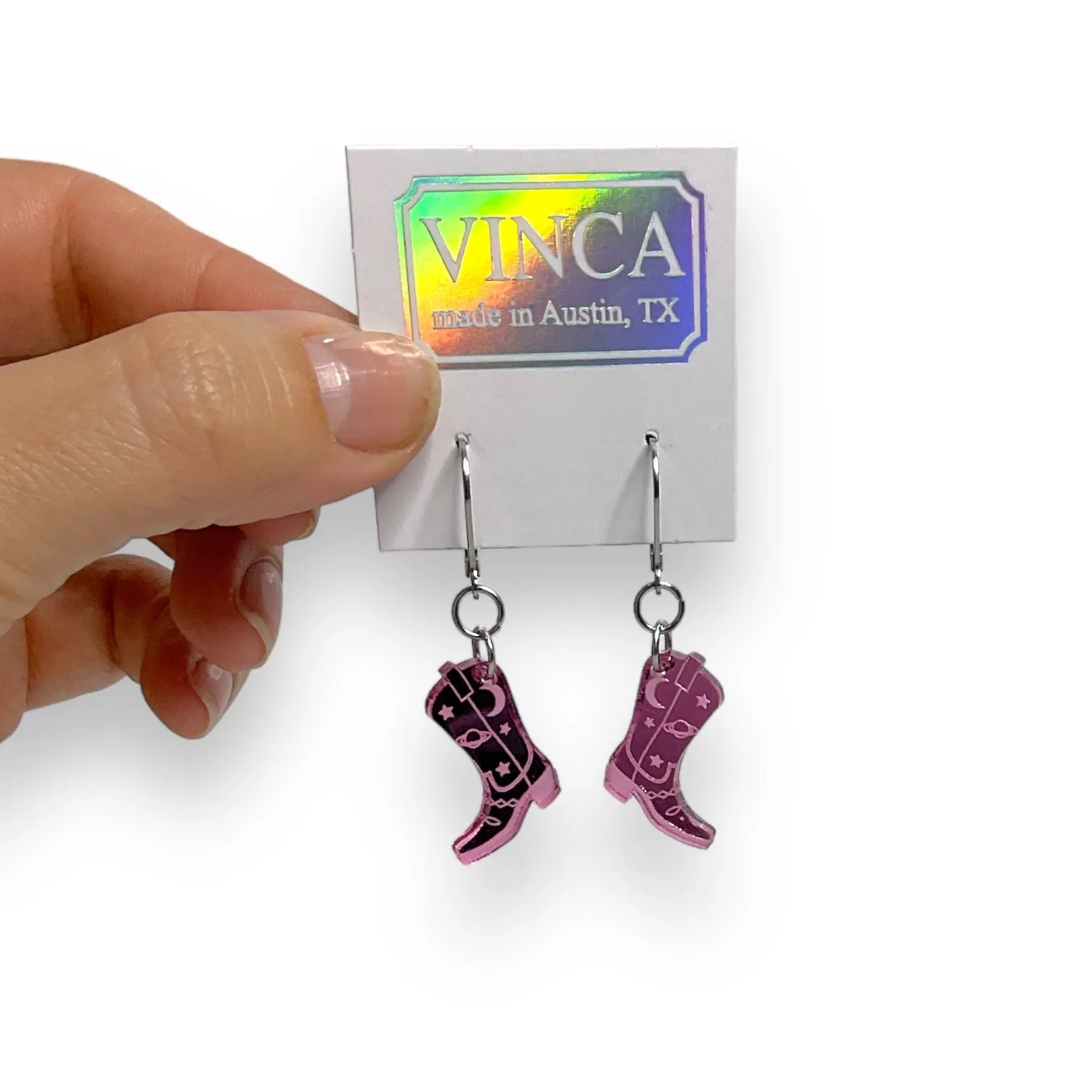 Lil Space Cowboy Boot Earrings - Mirror Pink