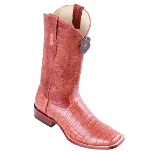 Los Altos Cognac Caiman Belly Wide Square Toe Boots - Pieced Vamp