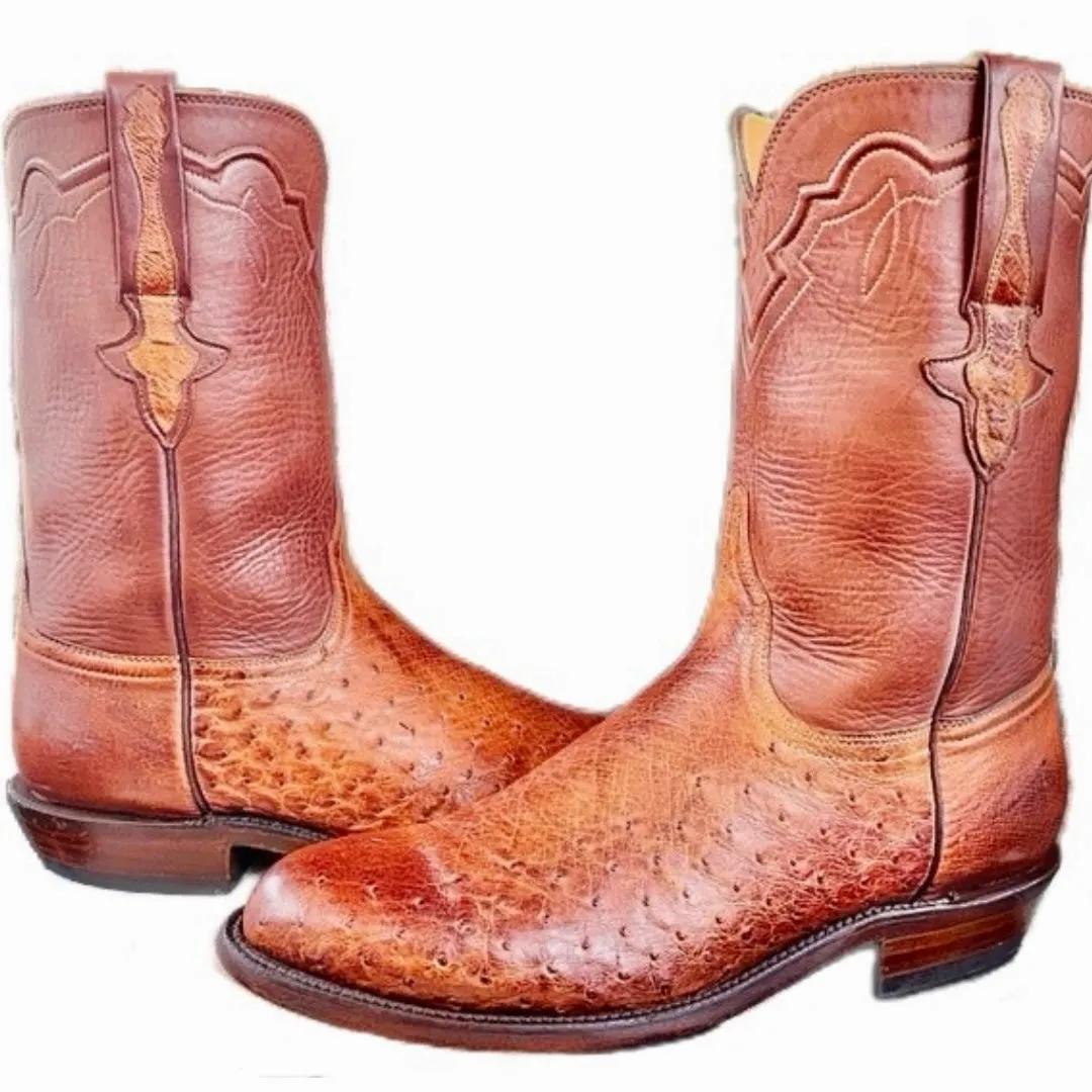 LUCCHESE Classics Handmade Ostrich Exotic Leather Roper Cowboy Western Boots