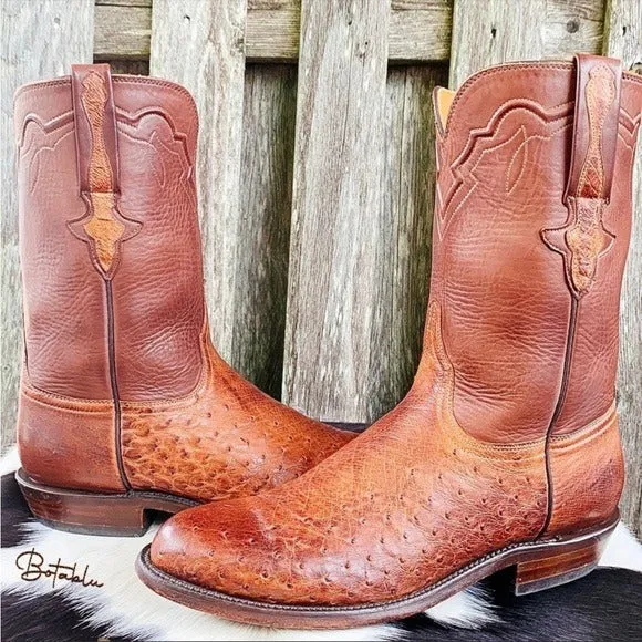 LUCCHESE Classics Handmade Ostrich Exotic Leather Roper Cowboy Western Boots