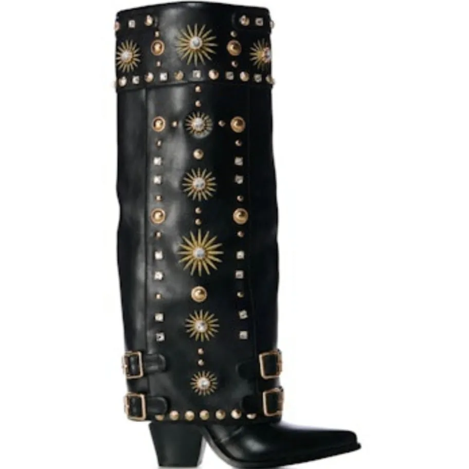 MAHMOUD Black Embellished Sleeve Cowboy Boot - Black Faux Leather - Cowboy Styling - Sleeve Shaft