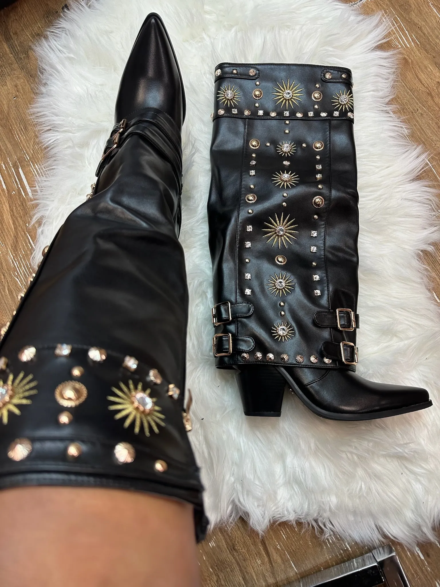 MAHMOUD Black Embellished Sleeve Cowboy Boot - Black Faux Leather - Cowboy Styling - Sleeve Shaft