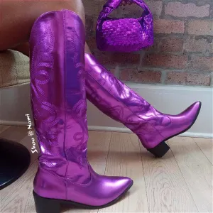 MALENA/2024 Purple Metallic Faux Leather Cowboy Boot Western Styling with Stitching Detail