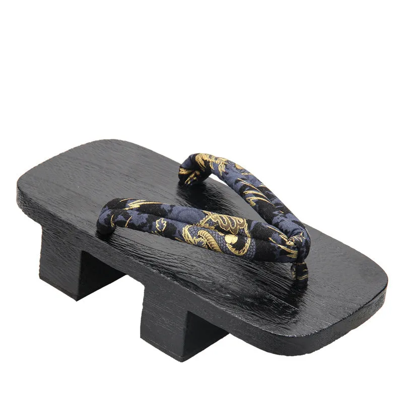 Men Black Two Teeth Geta Wooden Sandals 【Golden Dragon】